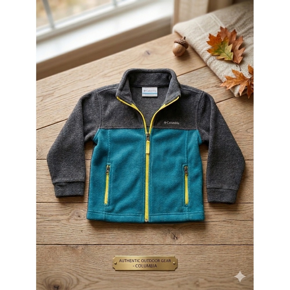 Columbia Kids Fleece Jacket 3T Charcoal Teal Blue Full Zip Colorblock Sweater